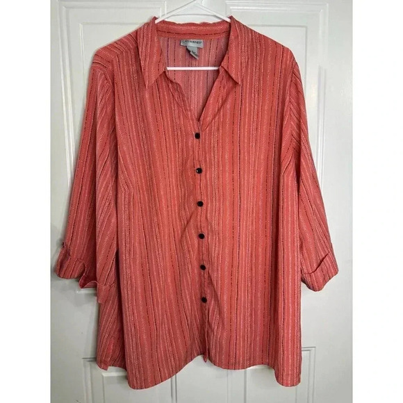 CATHERINES Button Front Tunic Top Roll Tab 3/4 Sleeve Pink Stripe Polka Dot 1X - Picture 1 of 8